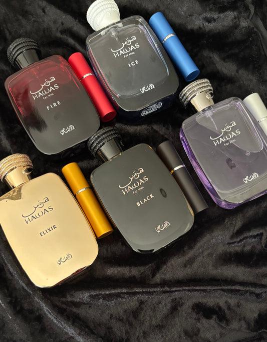Rasasi Hawas mini discovery set  Hawas, Ice, Elixir, Fire and Black 5ml each 25ml in total bundle discovery set decant sample perfume