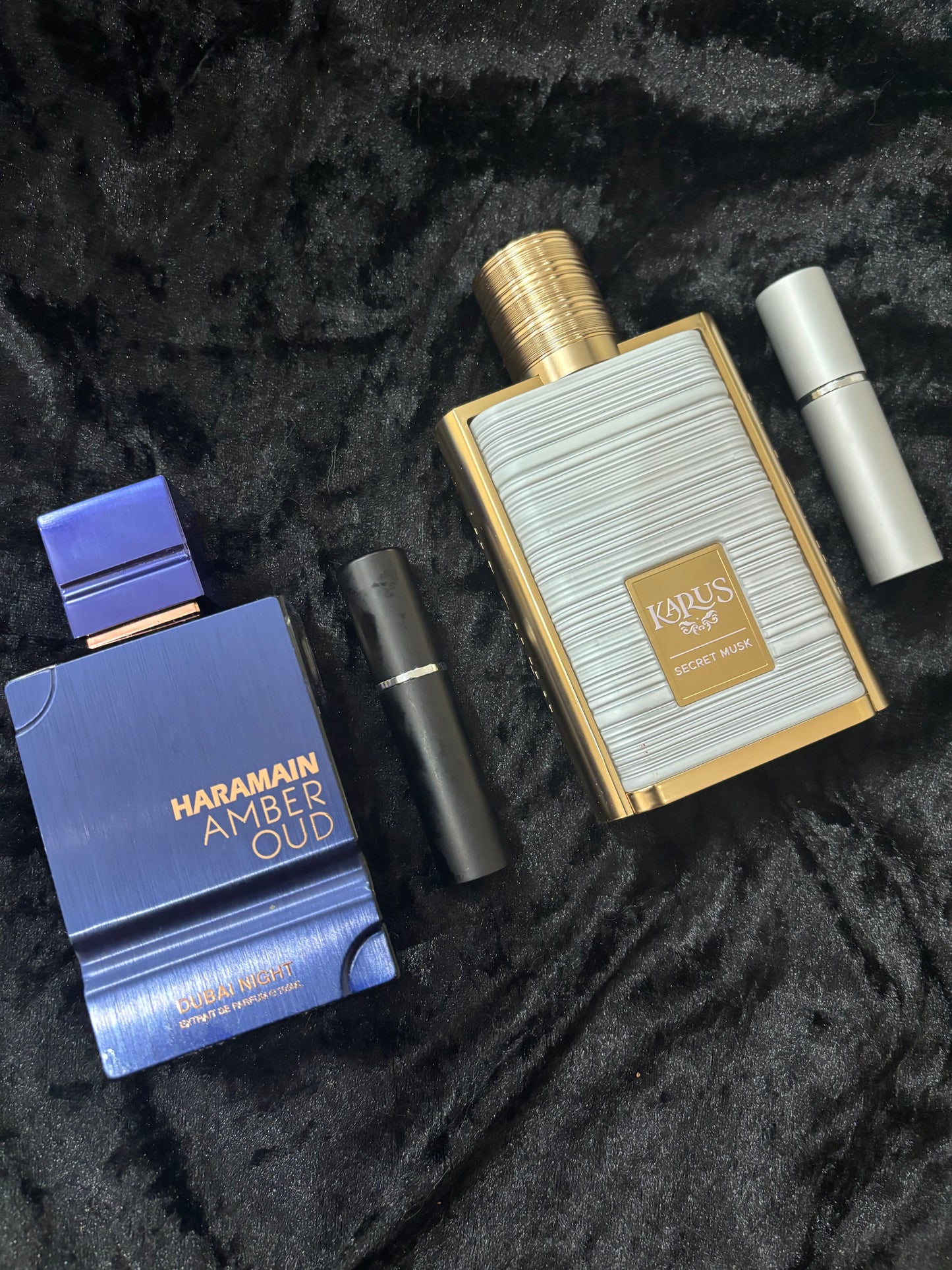 Inspired by Arabian’s Tonka: Khadlaj Karus Secret Musk and Al Haramain Amber oud Dubai night  5ml each decant sample perfume mini discovery set 10ml total